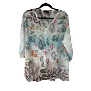 Bella Amore Sheer Leaf Print Viscose‎ Blend Button Front Blouse